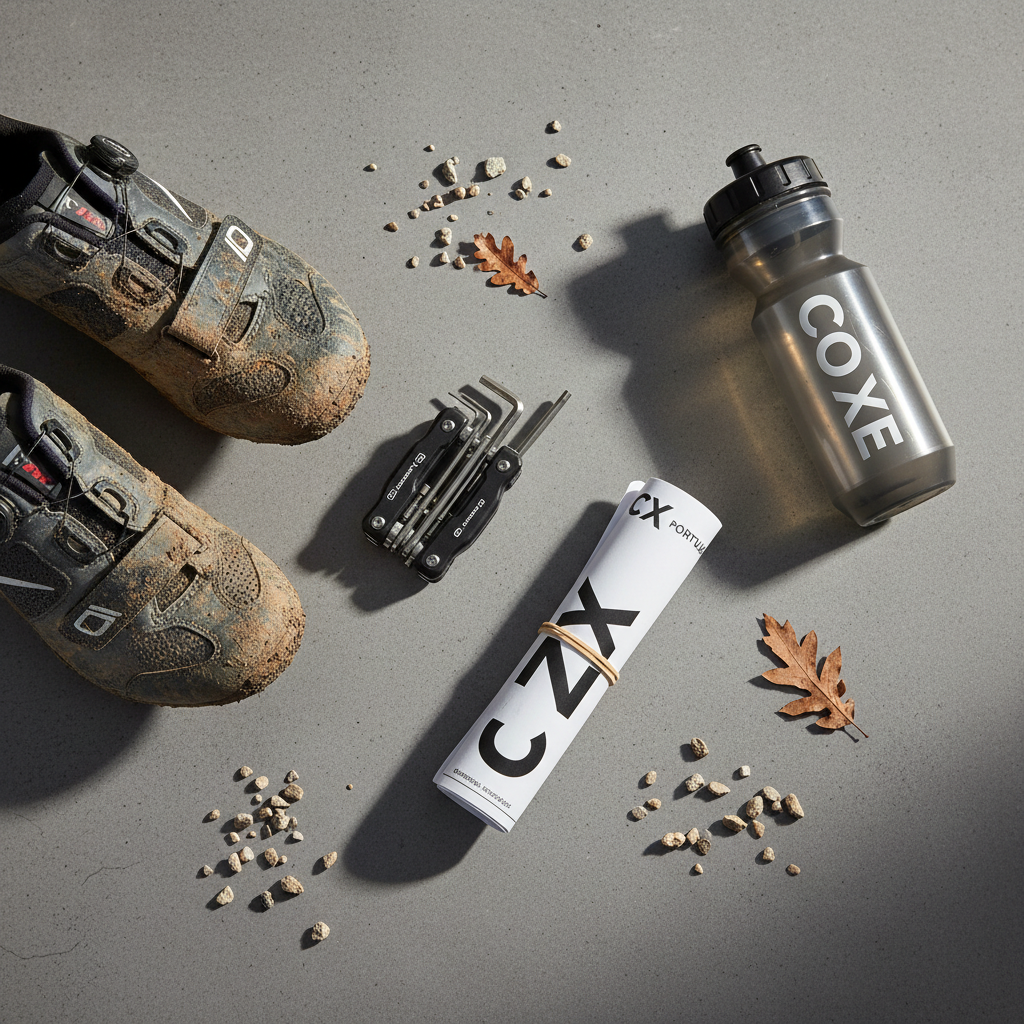 A meticulously arranged flat lay of cycling accessories associated with cyclocross and gravel riding, set on a matte, stone-textured surface in soft greys. A pair of mud-splattered yet high-end cycling shoes, a compact multi-tool, a rolled race number, and a sleek COXE-branded water bottle are positioned with precise spacing and alignment. Subtle specks of dried gravel and fallen oak leaves hint at rugged Portuguese trails while maintaining a tidy, controlled scene. Gentle side lighting from the left creates understated shadows and dimensionality, preserving a clean corporate look. Shot with sharp focus across the entire frame, the composition uses diagonal lines and negative space for a modern, structured layout. The mood is purposeful, disciplined, and authentically performance-driven.