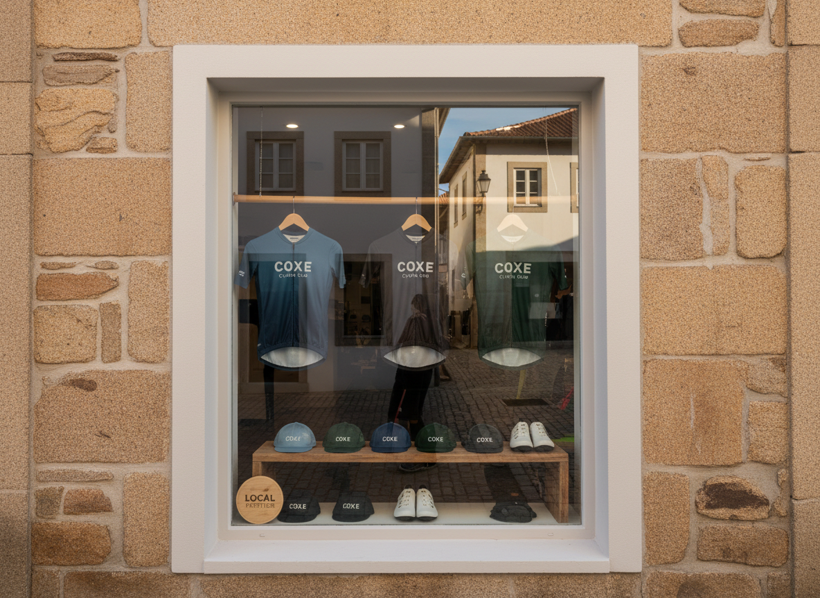 A stylish storefront vignette from a traditional Bairrada village, focusing on a neatly arranged display of COXE Cycling Club apparel and accessories inside a modest, restored shop window. The window frame is painted in neutral off-white, contrasting with the warm stone façade, while modern cycling jerseys and caps in subdued corporate colors hang on minimalist wooden hangers. Soft late-afternoon natural light filters through the glass, casting gentle reflections and subtle interior shadows. Captured straight-on with balanced verticals, the composition blends heritage architecture with contemporary design. The overall mood is respectful, professional, and community-oriented, highlighting how the club supports local commerce while maintaining a clean, photographic, corporate visual style.
