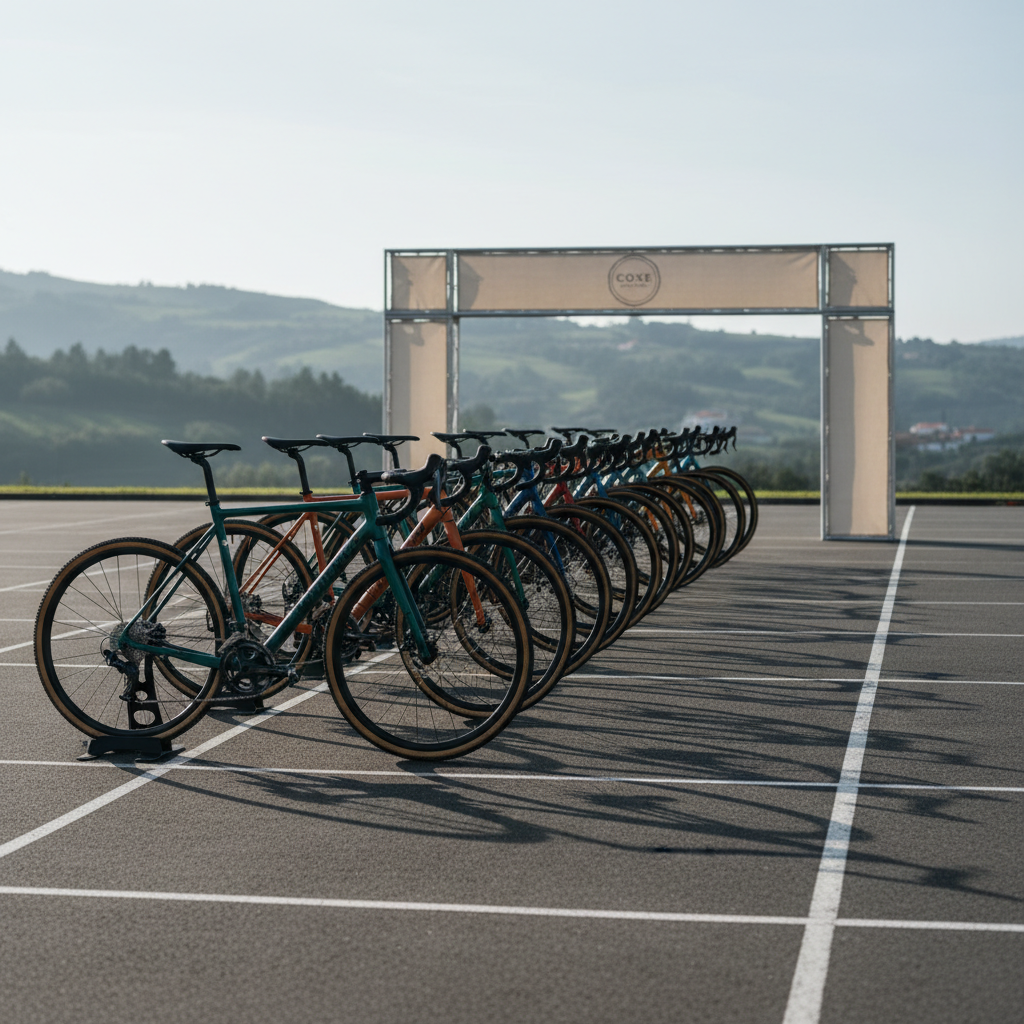 An organized row of high-end cyclocross and gravel bikes resting on sleek black metal stands, aligned with meticulous spacing on a smooth asphalt surface marked with subtle white grid lines. Behind them, a neutral-toned event arch featuring a discreet COXE Cycling Club emblem rises against a softly blurred background of rolling Portuguese hills. The scene is captured in cool early-morning light, creating crisp edges and soft, elongated shadows that add structure without clutter. Framed from a slightly elevated angle with strong horizontal lines, the composition feels orderly and corporate, with balanced negative space in the sky area. Photographic realism and controlled color saturation convey professionalism, precision, and readiness for competition.