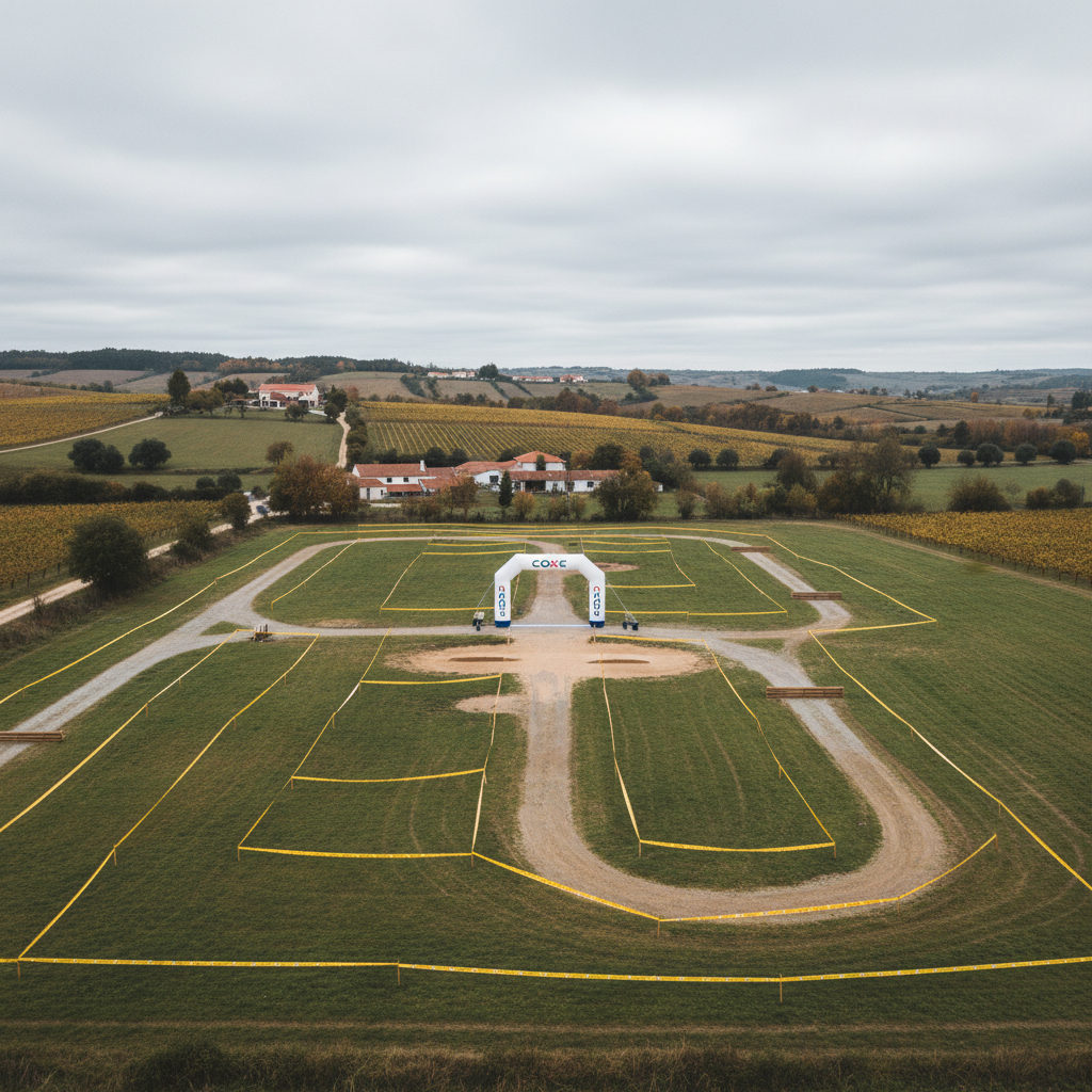 A wide, panoramic view of a carefully designed cyclocross course set in the rolling landscapes of the Bairrada region, captured without any riders present. Tape lines form clean geometric patterns across a grassy field, intersecting with compact gravel sections, low wooden barriers, and a small, elegant COXE-branded start/finish gantry. The neutral tones of the overcast sky and muted greens and browns of the terrain create a calm, professional backdrop. Soft, diffused daylight ensures consistent exposure across the scene. Photographed from a slightly elevated vantage point with deep focus, every element of the course layout is clearly visible. The composition emphasizes structure, planning, and organization, reflecting a corporate-level event management aesthetic.