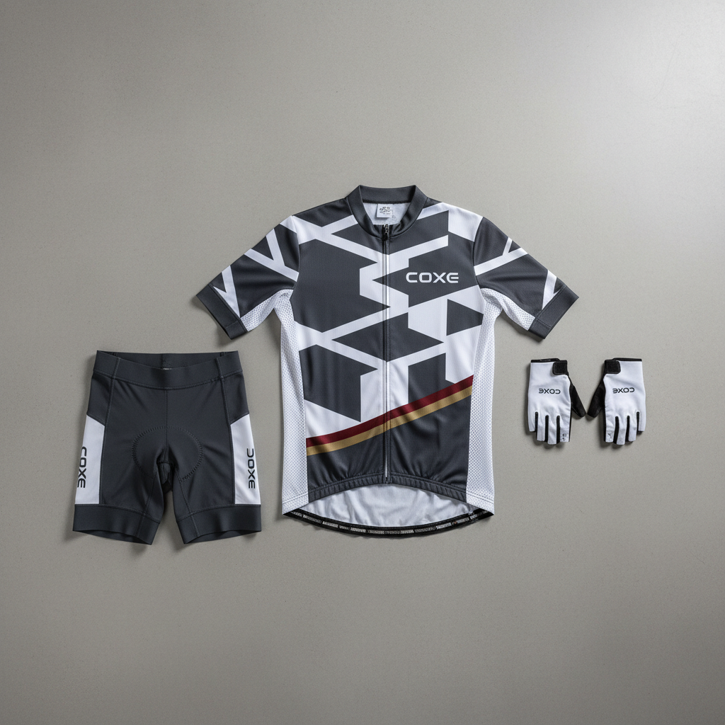 A close-up, studio-style composition of a COXE Cycling Club custom jersey laid flat on a smooth grey background, accompanied by matching bib shorts and minimalist gloves. The fabric details are sharply rendered: breathable mesh panels, subtle geometric patterns, and a refined logo placement in white and charcoal tones, accented with a discreet touch of Bairrada-inspired color. Soft, diffused overhead lighting highlights textures without harsh shadows, emphasizing the quality of stitching and materials. Shot from directly above with a perfectly symmetrical layout, the image has a clean, catalog-like aesthetic ideal for e-commerce. The mood is polished and professional, with a neutral palette and photographic realism aligning with a corporate, design-conscious brand identity.