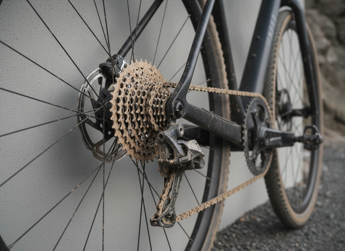 A close, detail-focused shot of a gravel bike’s drivetrain and rear wheel after a demanding Portuguese serrania ride, yet presented in a controlled and graphic way. The cassette, chain, and derailleur are finely coated with a thin layer of dried, light-brown dust, contrasting with the matte black frame and dark spokes. The bike rests against a smooth, neutral-toned wall, eliminating distractions. Soft, directional side lighting creates delicate highlights on metallic surfaces and defined shadows between gears, emphasizing engineering precision. Framed tightly from a low three-quarter angle, the composition uses shallow depth of field to isolate the components while subtly hinting at rugged terrain in the background blur. The mood is technical, disciplined, and performance-focused within a clean, corporate aesthetic.