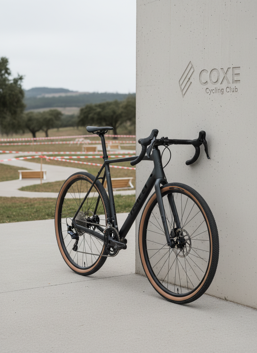 A sleek gravel bicycle in matte black and deep charcoal grey, leaning against a minimal concrete wall with a subtle COXE Cycling Club logo etched into the surface. The frame’s clean lines, knobby tanwall tires, and precise disc brakes are crisply defined, with a compact cyclocross course sketched in the blurred background: tape-lined curves, low barriers, and a hint of Portuguese countryside. Soft overcast daylight creates even, neutral lighting with gentle reflections on metal components. Shot at eye level with a slight three-quarter angle, the composition follows clean corporate aesthetics, with ample negative space to one side for text overlay. Photographic realism, sharp focus on the bike, and a restrained, professional mood emphasize performance and sophistication.